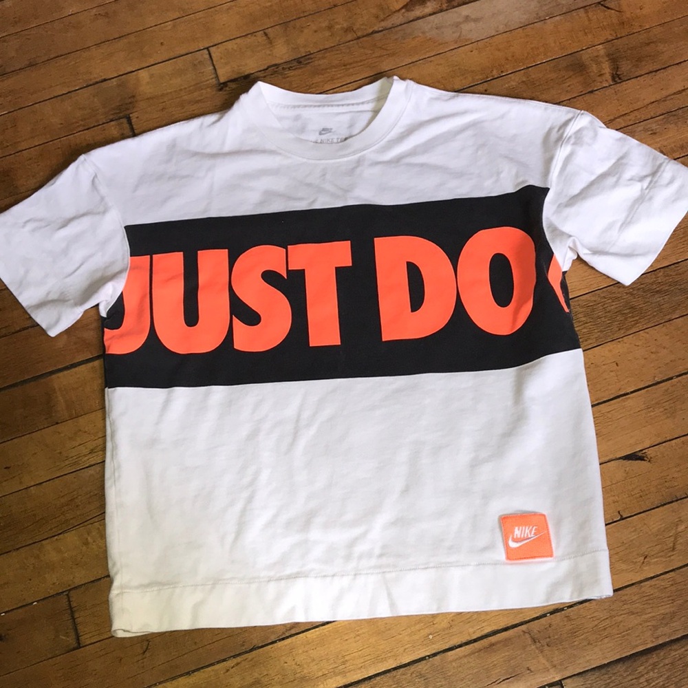 Nike White Tee with Bold Black & Orange "JUST DO" Graphic